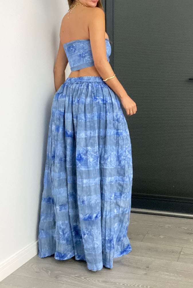 Image of Senorita Full Maxi Skirt Set In Denim Blue Cotton & Crochet Lace 