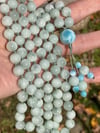 Green Pectolite and Dominican Larimar Mala, Copper Pectolite Hand Knotted Gemstone Necklace
