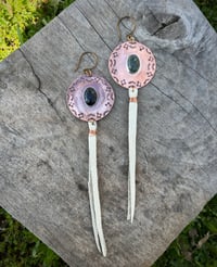 Image 1 of copper medallion earrings with leather 