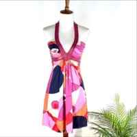 SKY pink multi color print genuine leather halter tunic dress
