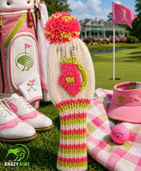Image 3 of Preppy pink lime embroidered handknit GOLF Club Covers choice of design