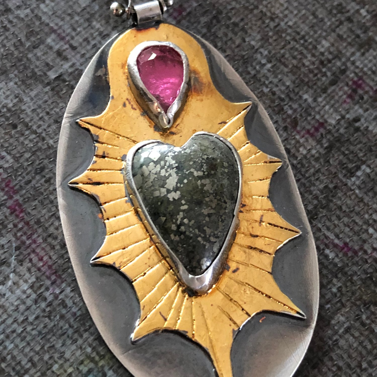 Image of Pyrite Heart with Pink Tourmaline Flame & Gold Foil Pendant