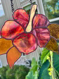 Image 5 of Sunset Hibiscus Stained-Glass Suncatcher - Red & Orange Tropical Flower Window Hanging