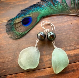 Image of Seafoam Seaglass Earrings with Sterling Silver Wire and Tahitian Pearls
