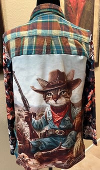 Image 1 of Vintage Funky Brown/Teal/Cream Flannel Shirt Floral Sleeves Cowboy Cat