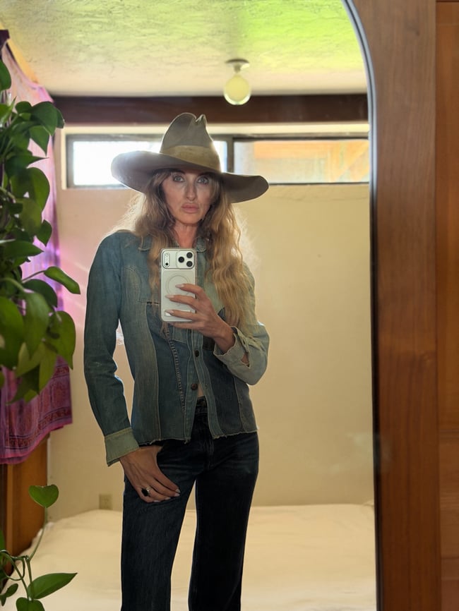 1970s denim patchwork and leather mountain magic hippie bohemian snap shirt jacket