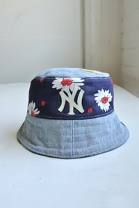 Image 1 of Reworked NY Reversible Bucket Hat S/M Navy Flower Power 22"-23"
