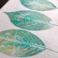 Image 3 of Collage on Rice Paper, Leaf Impressions, 3 Teal Green Leaves, 8x10 Ready to Frame 