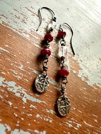 Image 12 of ruby and rainbow moonstone dangle earrings with sterling silver medallions