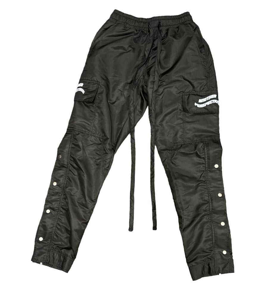 Image of Black Lightweight Button Zip Pants.