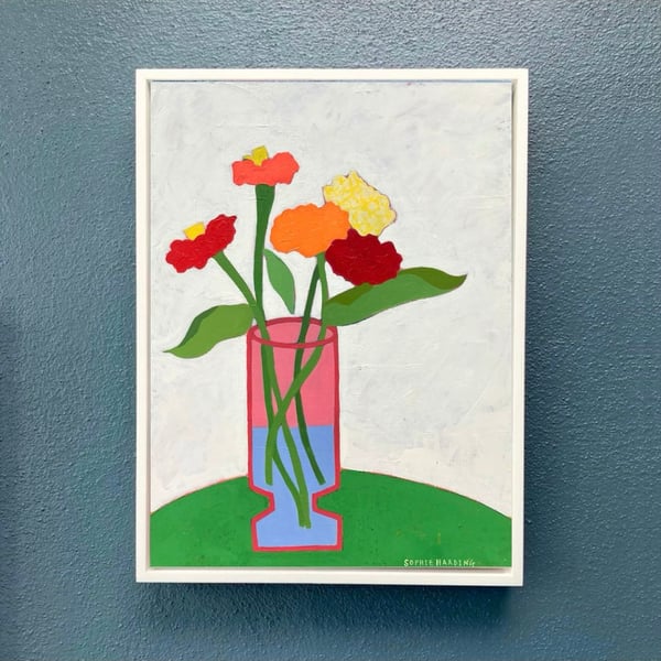 Image of Zinnias on a Green Table