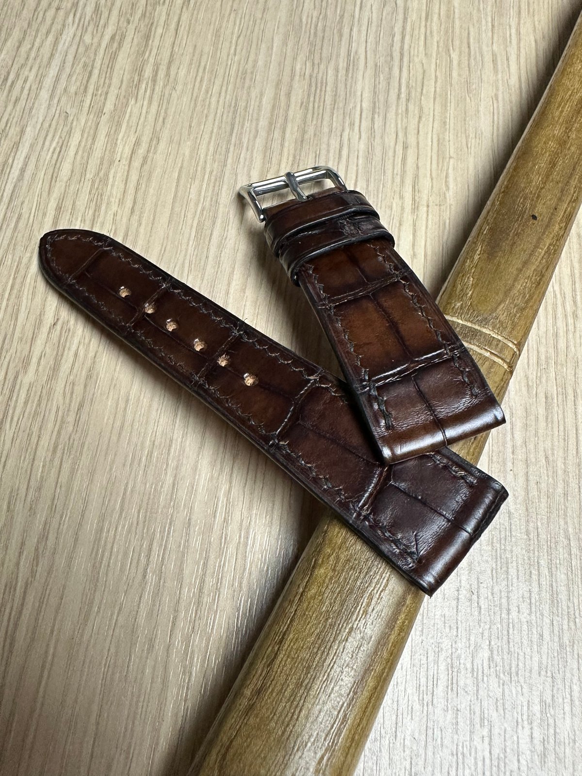 Image of Hand-stitched Patina Brown Alligator watch strap