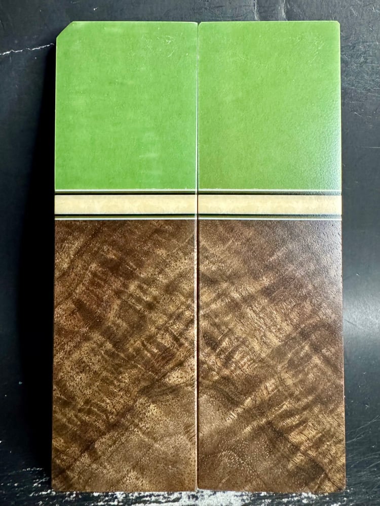 Image of Green & Black Paper Micarta & Curly Walnut Segmented Knife Scales