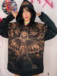 Image 3 of “GOTH MOTH” CUSTOM BLEACH PAINTED PULLOVER HOODIE XL