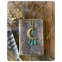 Image 2 of Solid Brass Moon Pendant Necklace - Turquoise Teardrops