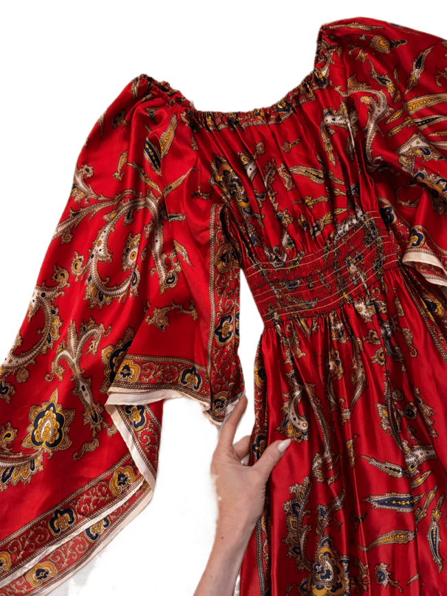 1960s red paisley angel sleeve satin scarf maxi dress gown 70s