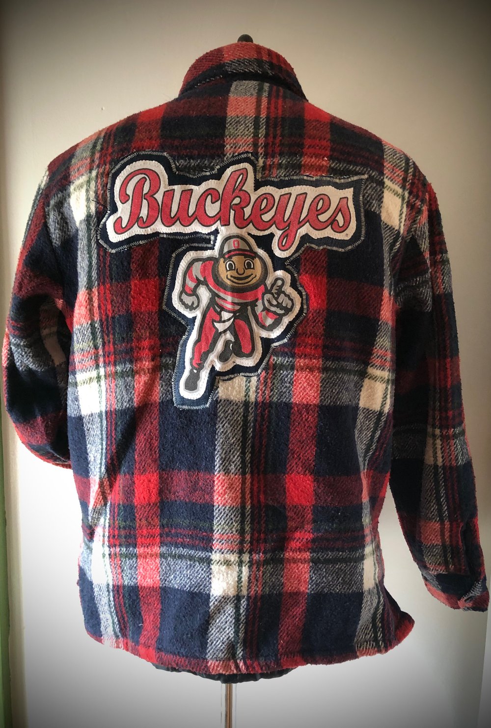 Upcycled “Brutus the Buckeye” quilted flannel jacket