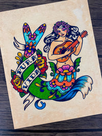 Image 1 of Folk Art Mermaid "Pura Vida" Traditional Tattoo Art Print 