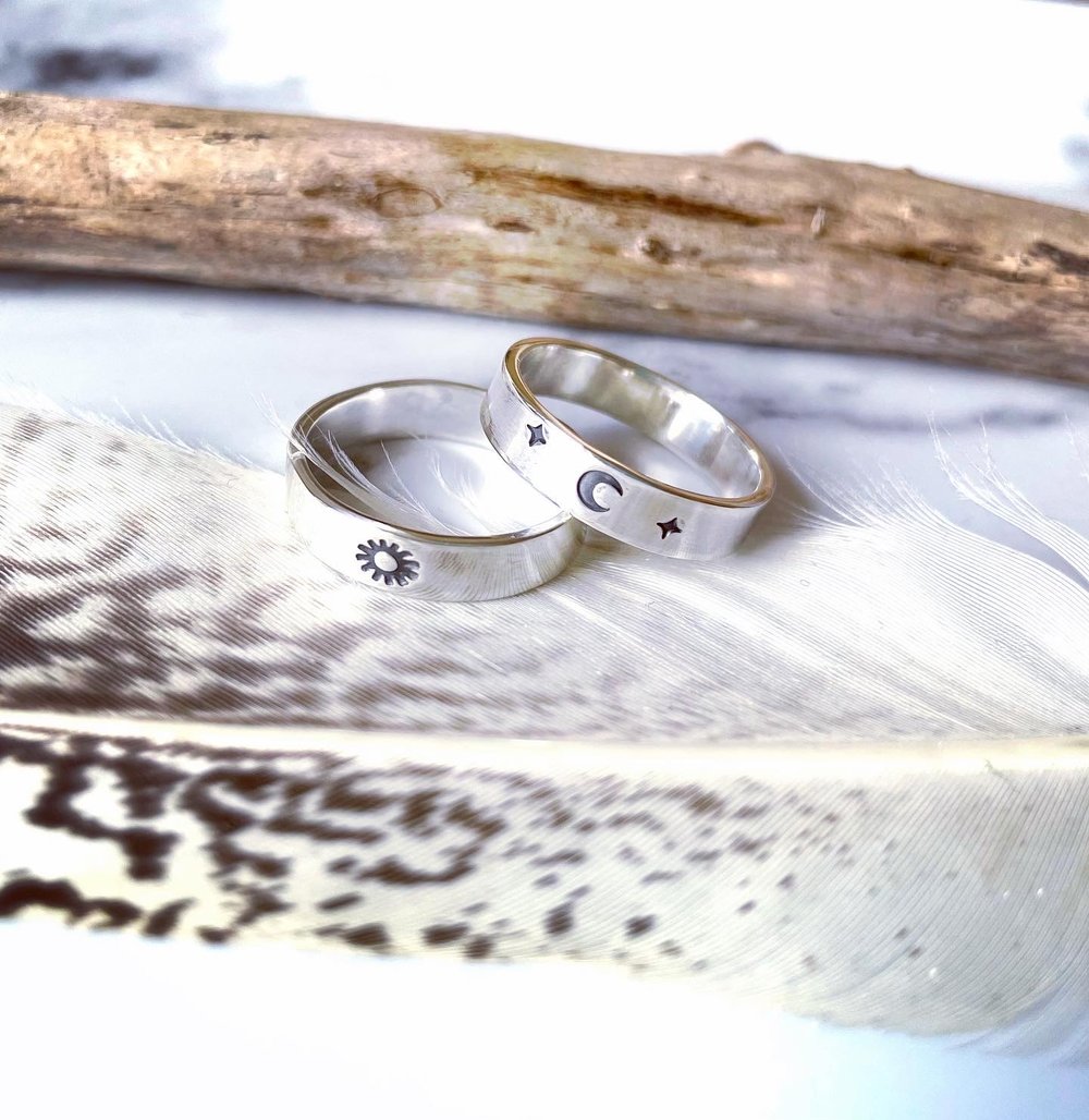 Image of Celestial Sterlint Silver Wedding Rings. Crescent Moon & Sun Rings - Oxidised