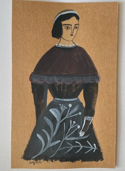 Image of 19. Original work on brown paper - woman with winter botanical skirt