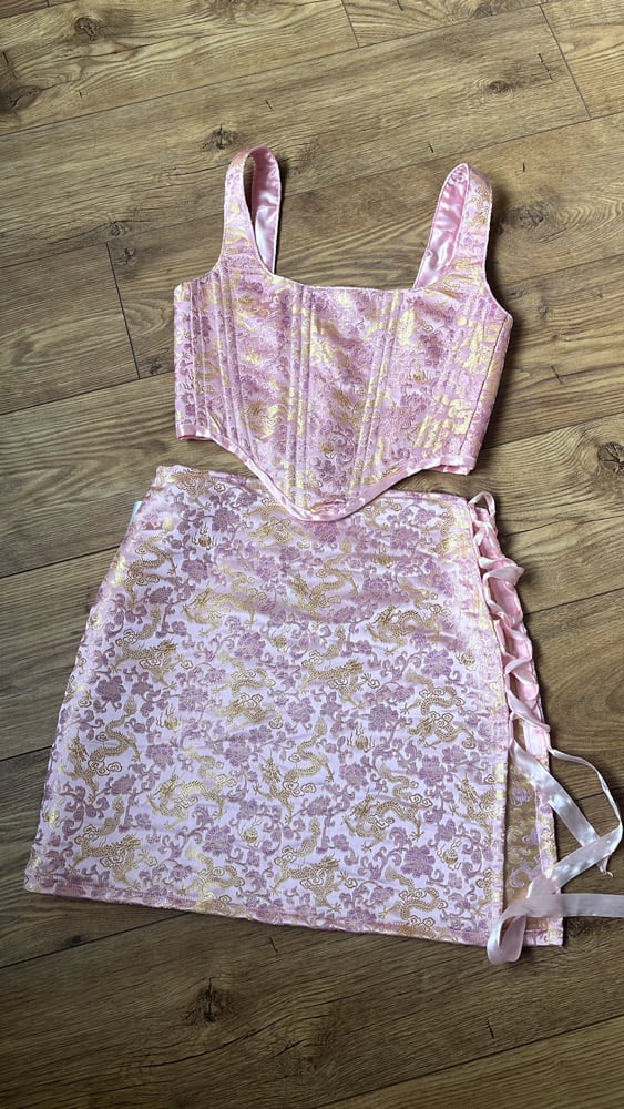 Pink and Gold Jacquard dragon corset