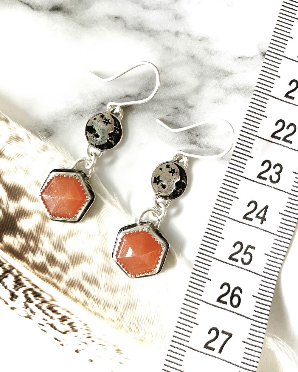 Handmade Sterling Silver Man In The Moon Peach Moonstone Earrings 925