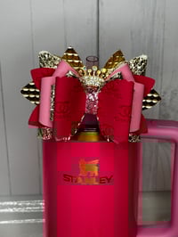 Image 1 of Pink and Gold Pink Parade Queens Crown Tumbler Straw Topper Bow