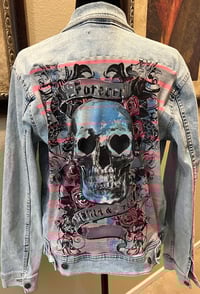 Image 1 of Vintage Denim Jean Jacket Skull Forever Wild & Free
