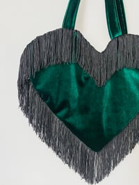 Image 1 of 💚 Deep Emerald Velvet Heart Bag with Black Tassel Trim 💚