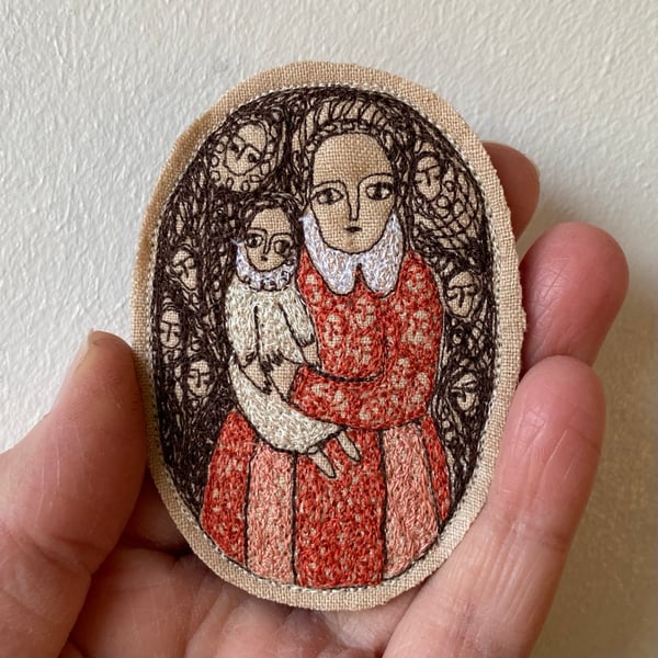 Image of woman and child (dark and light peach) - larger embroidery brooch 