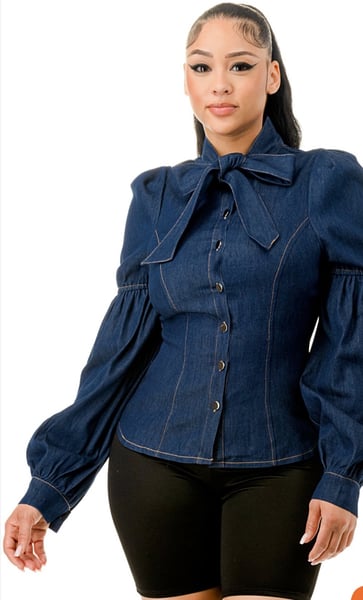 Image of Monica Love NeckTied Denim Blouse Shirts 