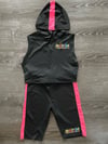 Black w/ Pink Stripes Two Piece Sleeveless hooded Top & Short Set Women’s 