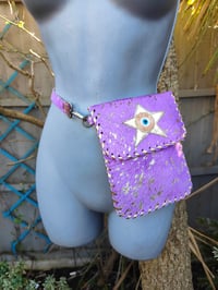 Image 1 of Woodstock cross body/ passport bag -Purple with gold and peach star