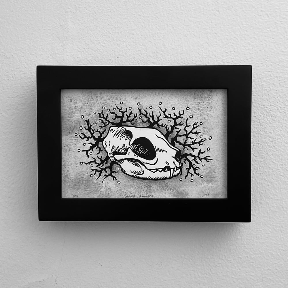 Cat Skull Trees Linocut Print With Watercolor