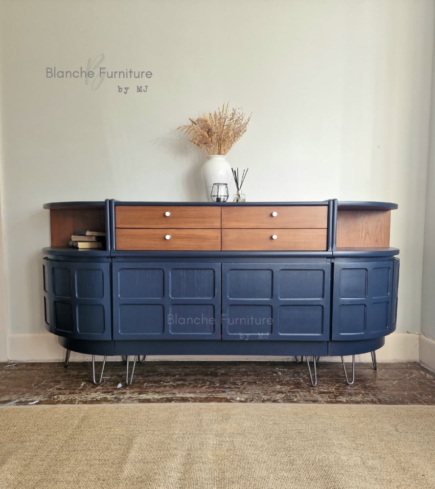 Curved sideboard in Midnight Blue and Walnut by Nathan Blanche