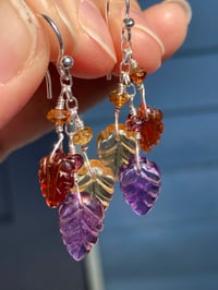 Image 1 of Hessonite Garnet Earrings, Amethyst Earrings, Citrine Earrings Autumn Leaves Carved Gemsto Earrings