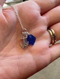 Image 2 of Cobalt Blue Sea Glass Necklace with Sterling Silver Anchor Charm