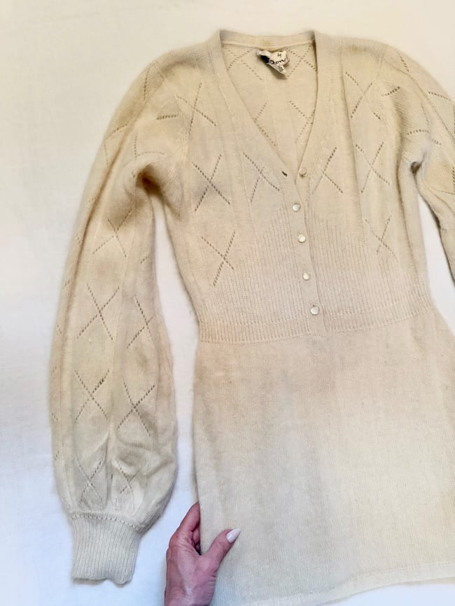 1960s white angora mini knit dress jane birkin poet sleeve 