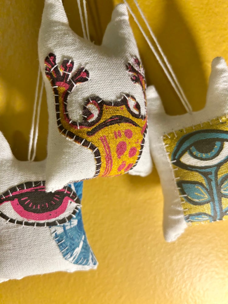 Set of 3 Handprinted/sewn ornaments