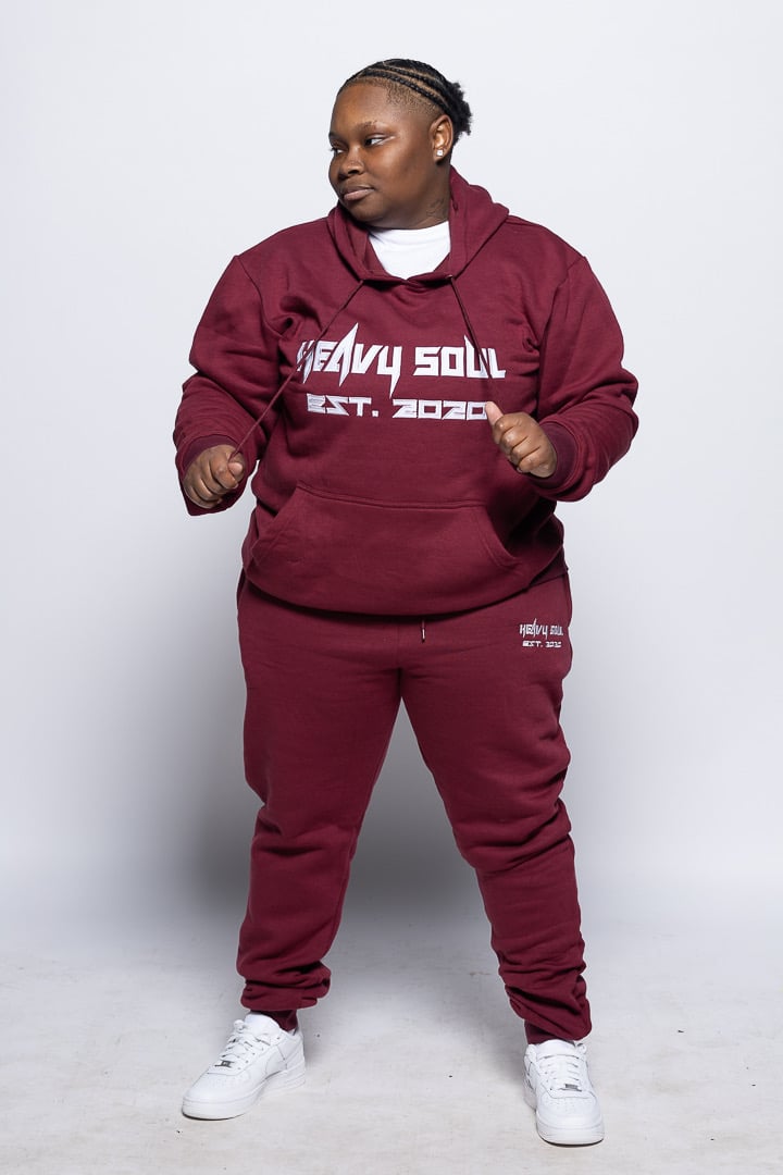 burgundy jogging suit