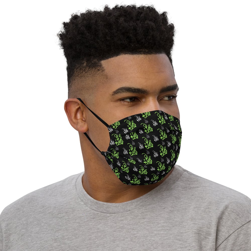 Image of YStress Pandemic Premium Neon Green, Black, White and Grey face mask 