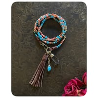 Image 1 of Vintage Turquoise Handcarved Coral and Solid Brass Convertable Bracelet/Necklace 