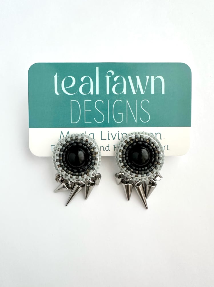 Image of Small Black & Grey beaded Earrings - spike fringe detail