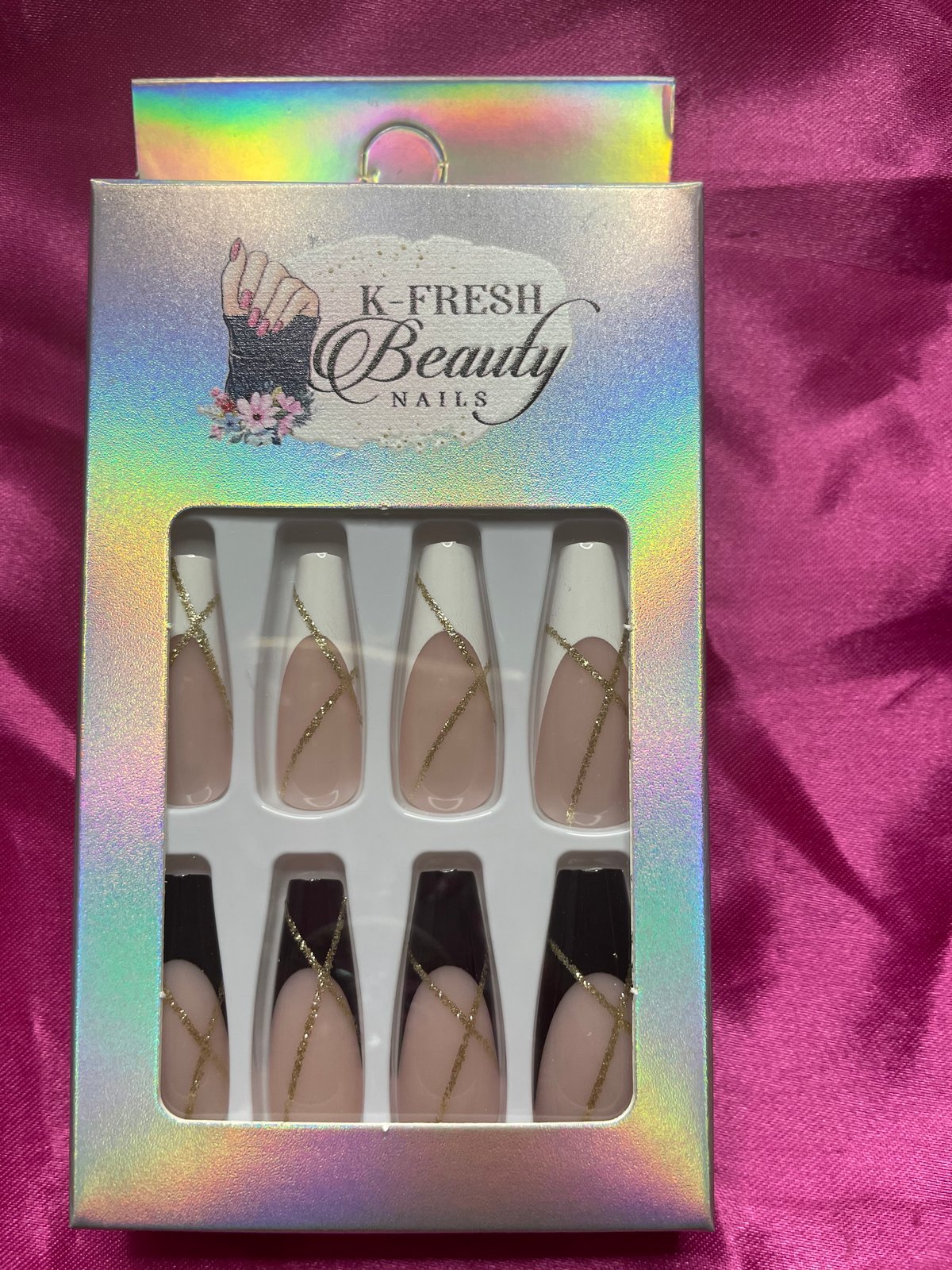 Nails Long (Black & White Tips w/Design) KFresh Beauty & Nails