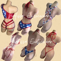 Image 2 of Backless Crystal Bodysuit Red White and Blue 