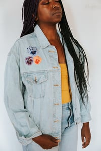Image 1 of Hand Embroidered Denim Jacket - “Pansies” - M (Oversized)