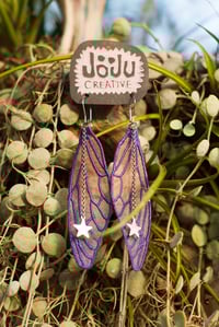 Image 2 of Purple orange cicada fairy wing earrings
