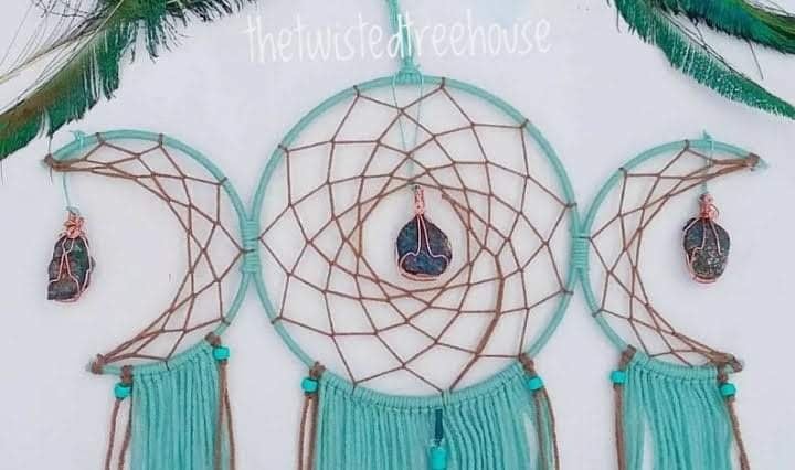 Image of Peacock Dreamcatcher, Triple Moon with Crystals, Peacock decor