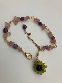 Image 4 of Peridot Rosary Flower Power bracelet featuring strawberry quartz and amethyst