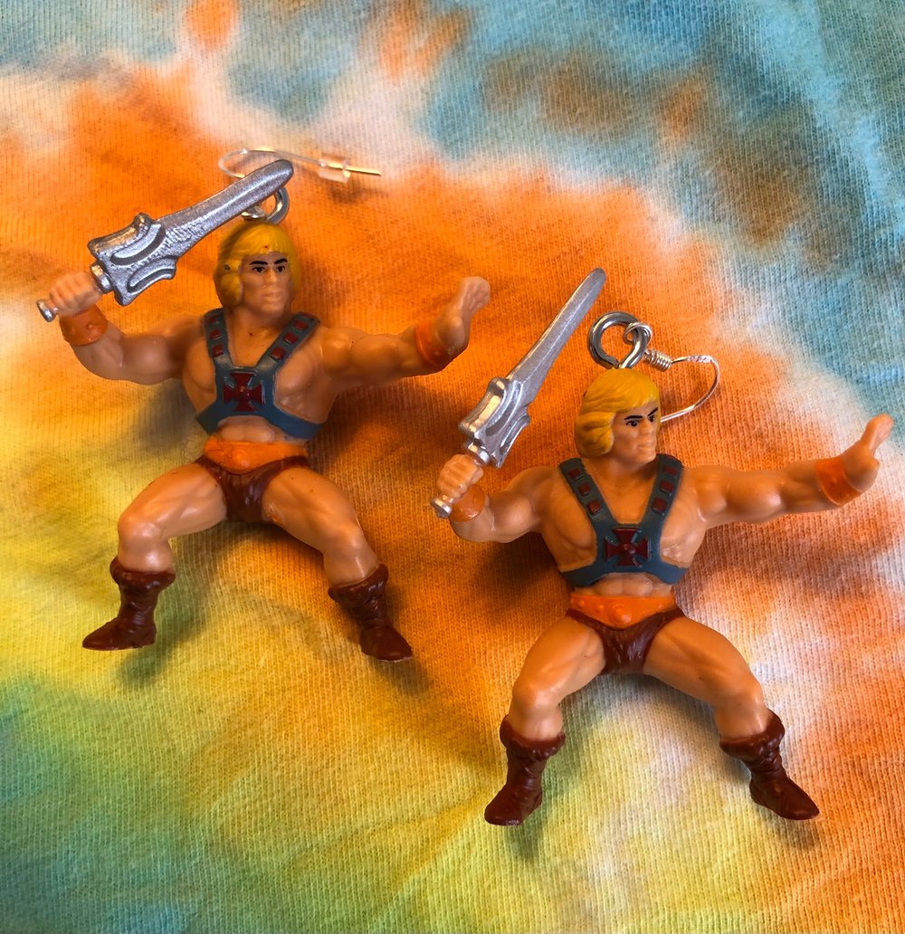 “Ahhhaahaaa—I’m SKELETOR!” & Friends. Except He-Man, he sucks. Upcycled toy earrings.
